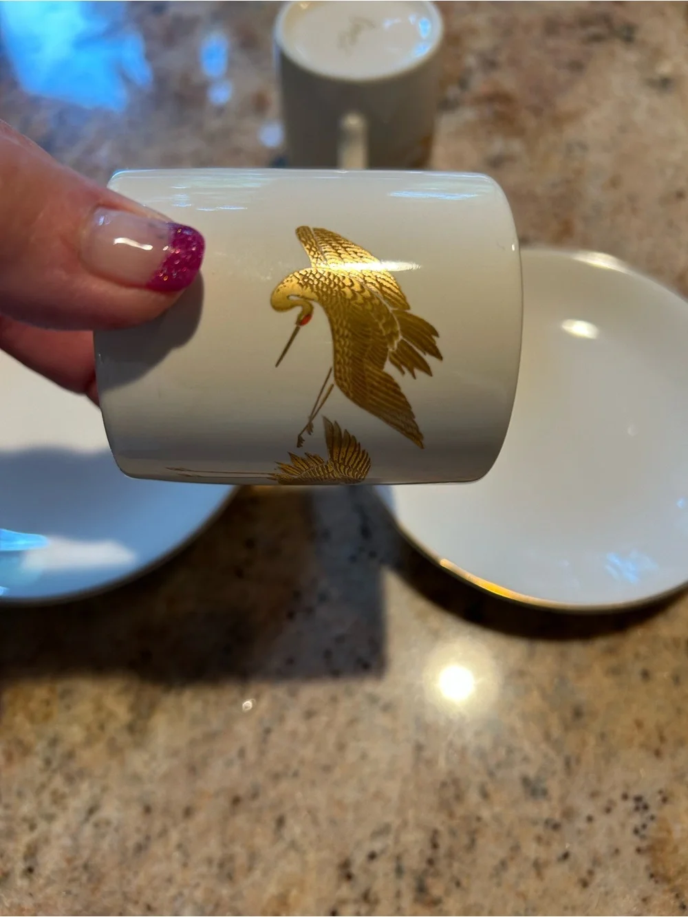 Porcelain Espresso Demitasse Cup Saucer Set 22K Gold Flying Cranes Otagiri Japan